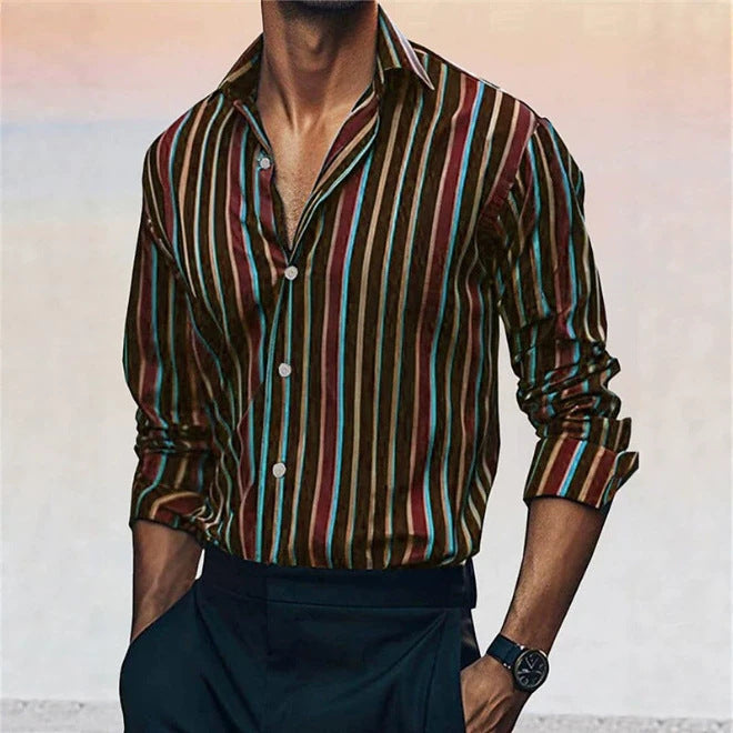 Stripe Business Long Sleeve Men's Shirt In 4-Way Stretch Fabric With Lapel Collar, Suitable For Summer