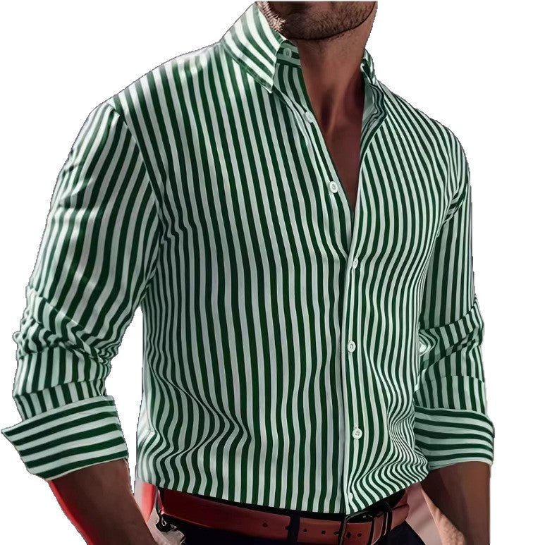 Stripe Business Long Sleeve Men's Shirt In 4-Way Stretch Fabric With Lapel Collar, Suitable For Summer