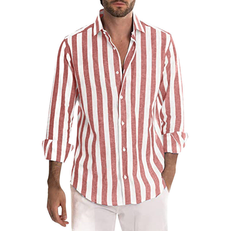 Casual Stripe Long Sleeve Men's Shirt In Polyester Fabric With Printing Craft And Lapel Collar