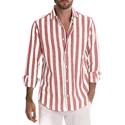 Casual Stripe Long Sleeve Men's Shirt In Polyester Fabric With Printing Craft And Lapel Collar