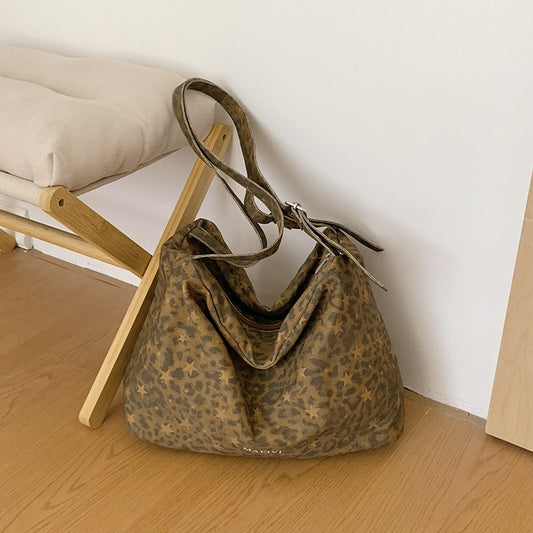 Leopard Print Square Underarm Bag For Women With Sewing Thread Detail, Top Handle And Large Capacity
