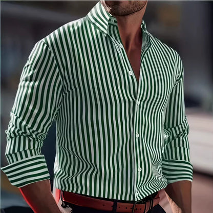 Stripe Business Long Sleeve Men's Shirt In 4-Way Stretch Fabric With Lapel Collar, Suitable For Summer