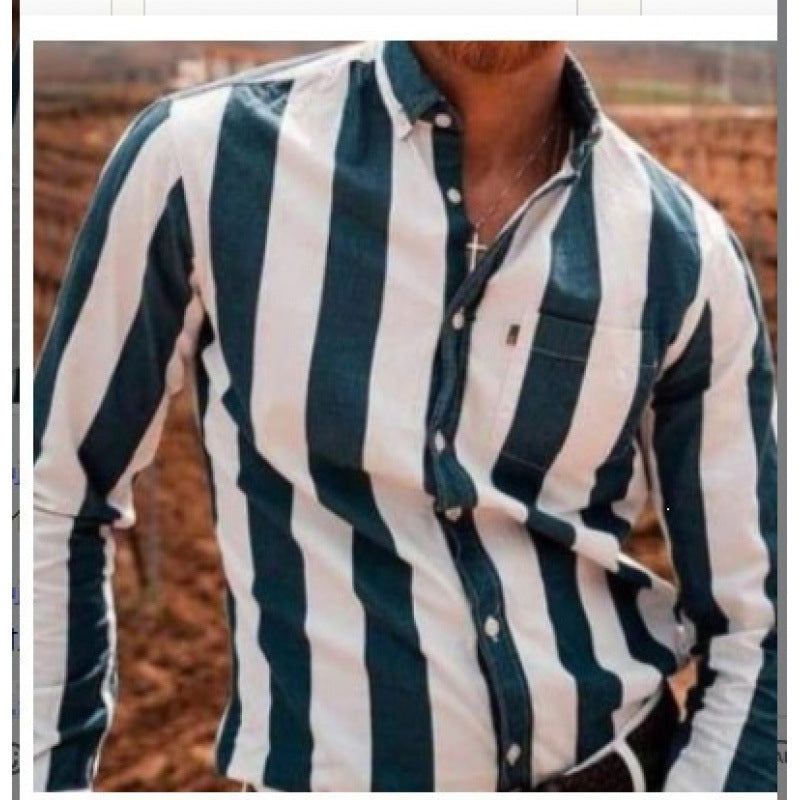 Casual Stripe Long Sleeve Men's Shirt In Polyester Fabric With Printing Craft And Lapel Collar