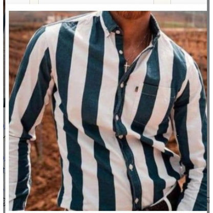 Casual Stripe Long Sleeve Men's Shirt In Polyester Fabric With Printing Craft And Lapel Collar