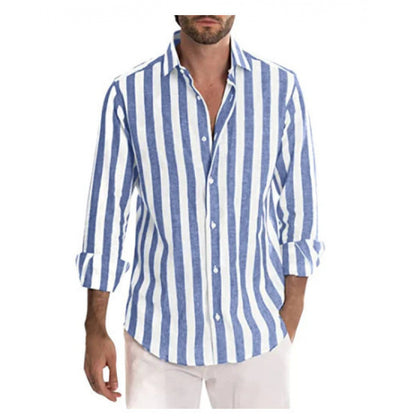 Casual Stripe Long Sleeve Men's Shirt In Polyester Fabric With Printing Craft And Lapel Collar