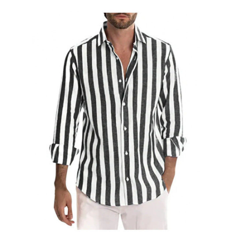 Casual Stripe Long Sleeve Men's Shirt In Polyester Fabric With Printing Craft And Lapel Collar