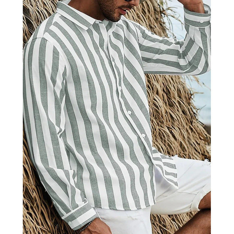 Casual Stripe Long Sleeve Men's Shirt In Polyester Fabric With Printing Craft And Lapel Collar