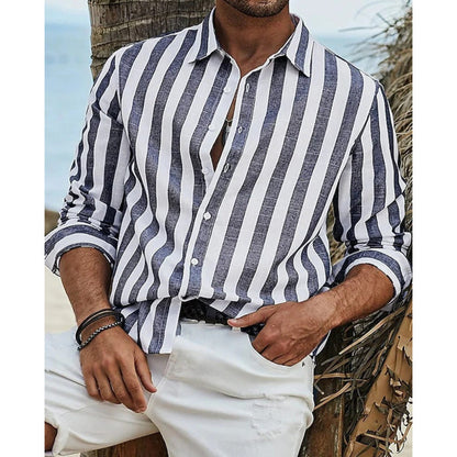 Casual Stripe Long Sleeve Men's Shirt In Polyester Fabric With Printing Craft And Lapel Collar