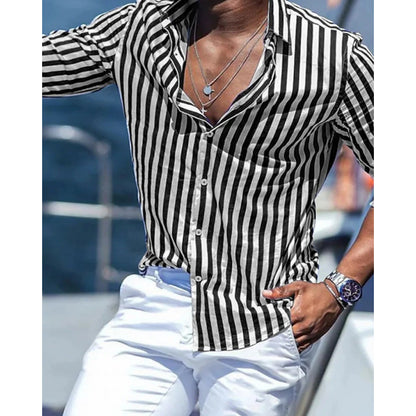 Casual Stripe Long Sleeve Men's Shirt In Polyester Fabric With Printing Craft And Lapel Collar