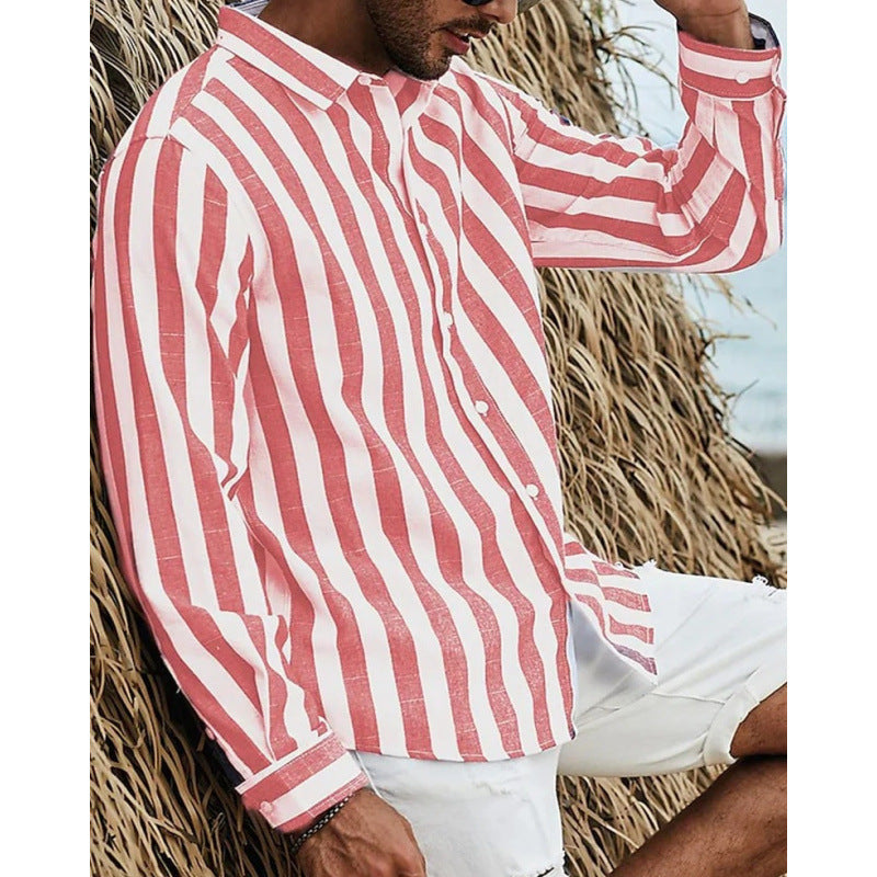 Casual Stripe Long Sleeve Men's Shirt In Polyester Fabric With Printing Craft And Lapel Collar