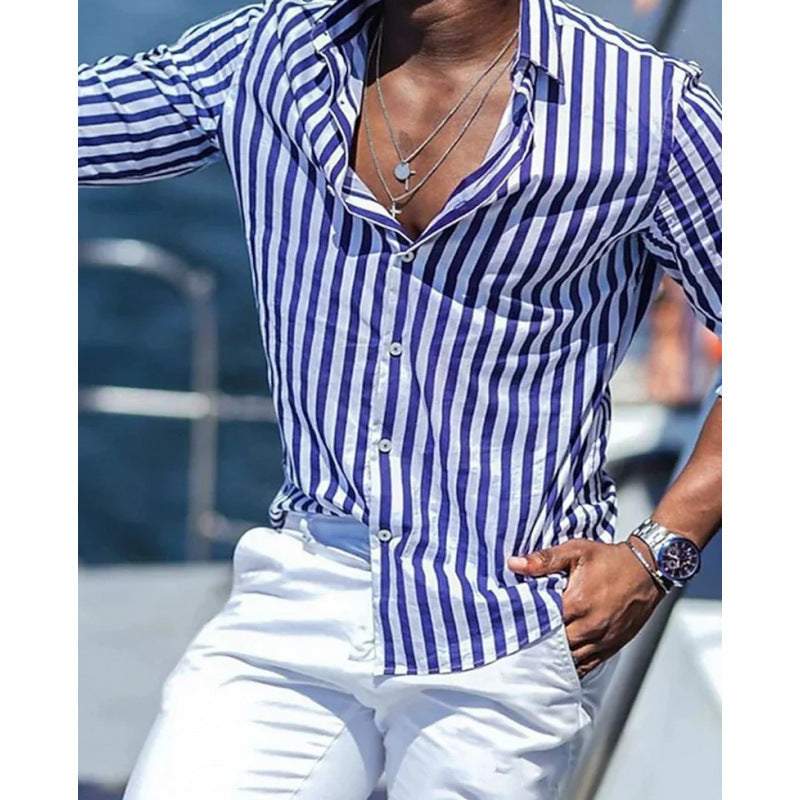 Casual Stripe Long Sleeve Men's Shirt In Polyester Fabric With Printing Craft And Lapel Collar