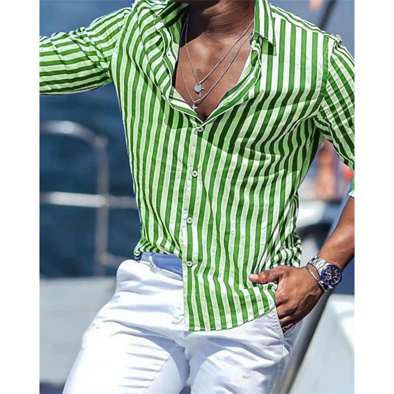 Casual Stripe Long Sleeve Men's Shirt In Polyester Fabric With Printing Craft And Lapel Collar