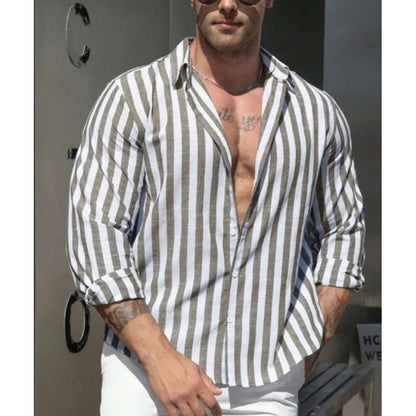 Casual Stripe Long Sleeve Men's Shirt In Polyester Fabric With Printing Craft And Lapel Collar