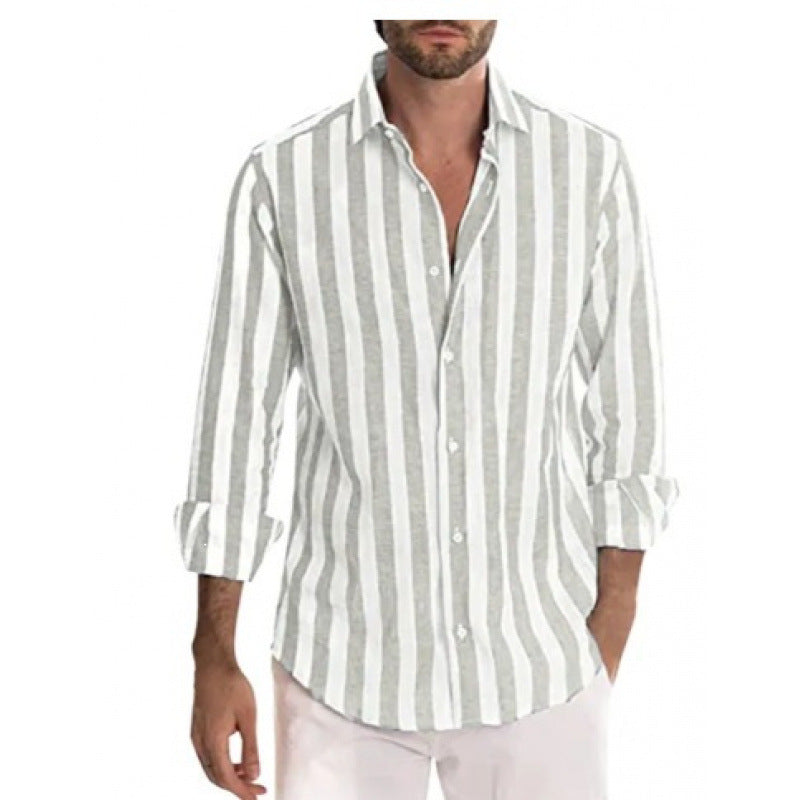 Casual Stripe Long Sleeve Men's Shirt In Polyester Fabric With Printing Craft And Lapel Collar