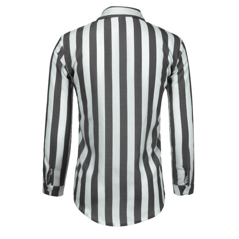 Casual Stripe Long Sleeve Men's Shirt In Polyester Fabric With Printing Craft And Lapel Collar