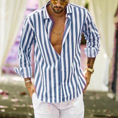 Casual Stripe Long Sleeve Men's Shirt In Polyester Fabric With Printing Craft And Lapel Collar