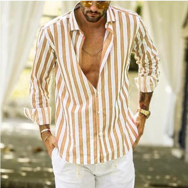 Casual Stripe Long Sleeve Men's Shirt In Polyester Fabric With Printing Craft And Lapel Collar