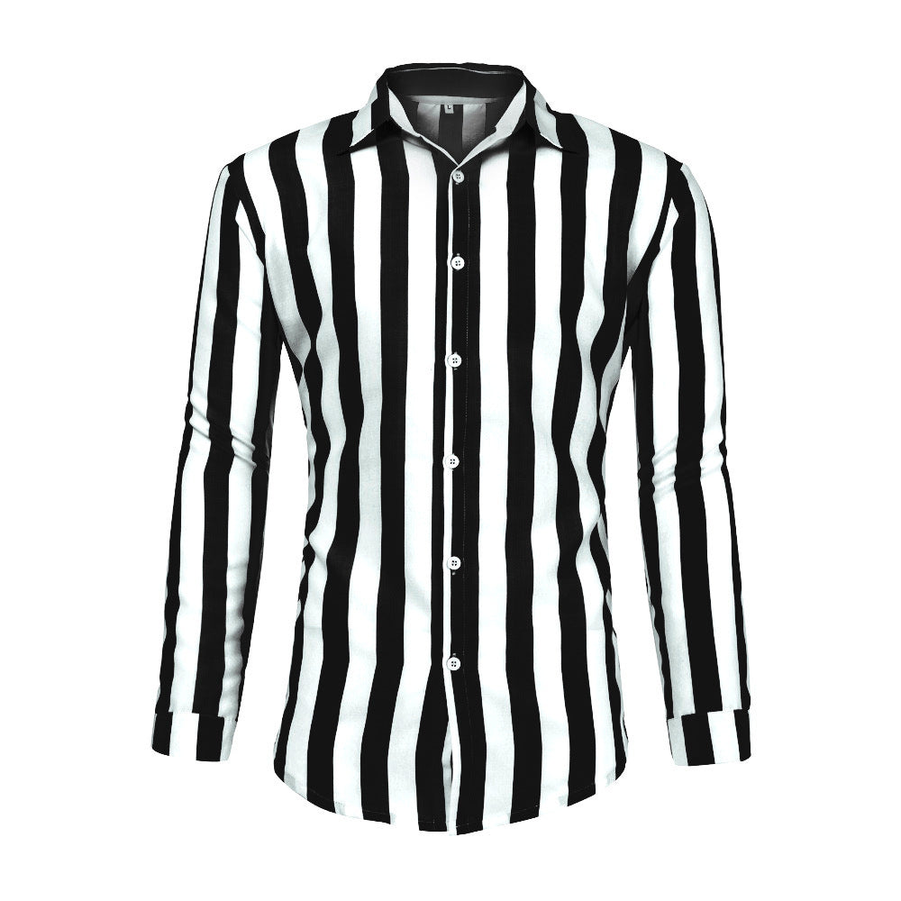 Casual Stripe Long Sleeve Men's Shirt In Polyester Fabric With Printing Craft And Lapel Collar