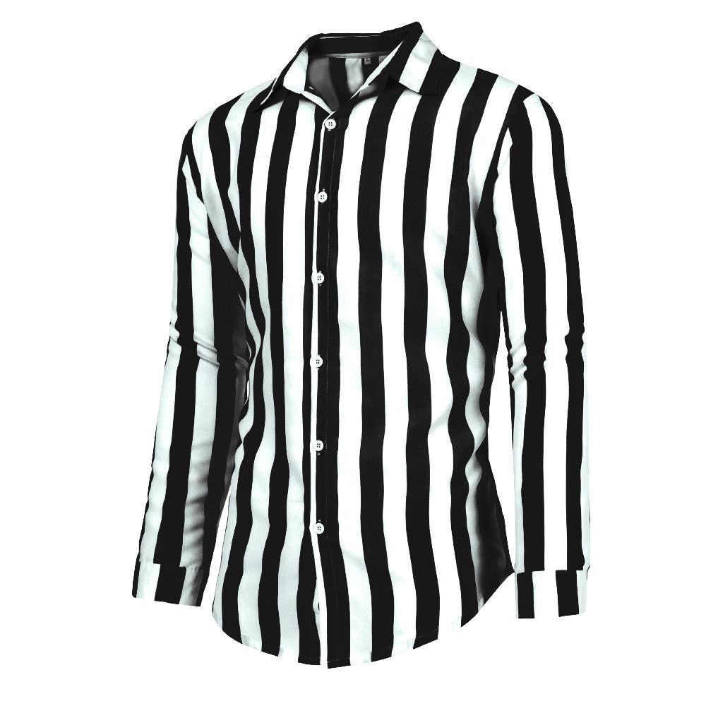 Casual Stripe Long Sleeve Men's Shirt In Polyester Fabric With Printing Craft And Lapel Collar