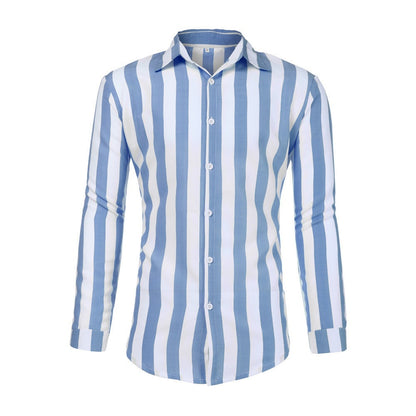 Casual Stripe Long Sleeve Men's Shirt In Polyester Fabric With Printing Craft And Lapel Collar