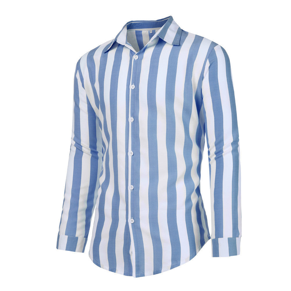 Casual Stripe Long Sleeve Men's Shirt In Polyester Fabric With Printing Craft And Lapel Collar