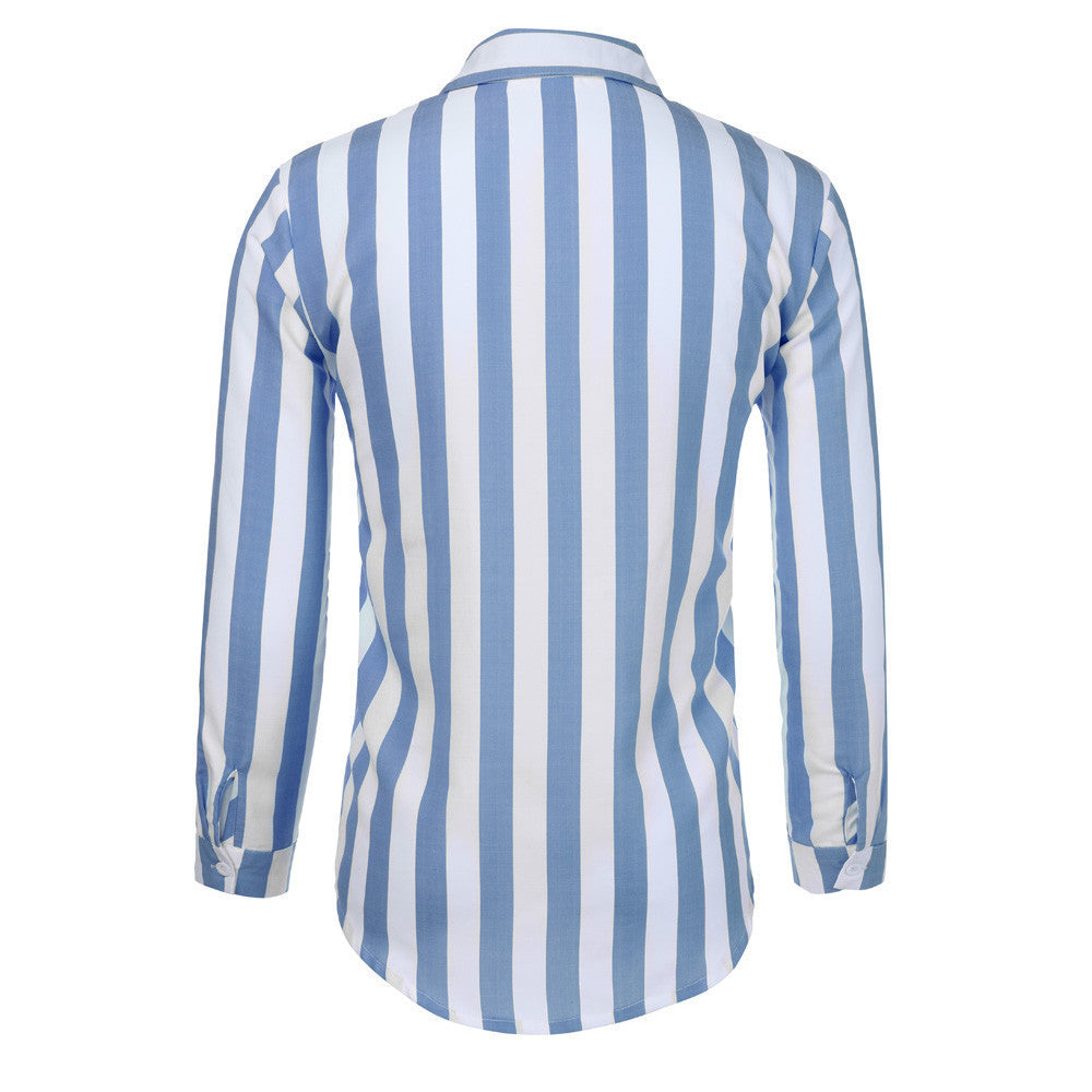 Casual Stripe Long Sleeve Men's Shirt In Polyester Fabric With Printing Craft And Lapel Collar