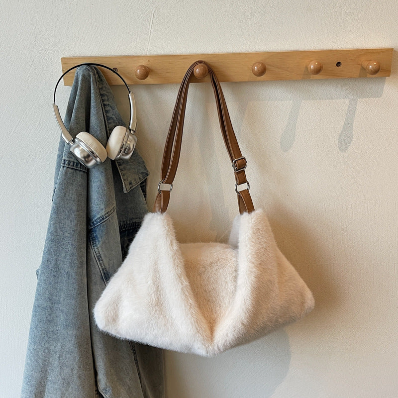 Solid Color Square Plush Shoulder Bag For Women With Sewing Thread Detail And Single Shoulder Strap, Perfect For Summer