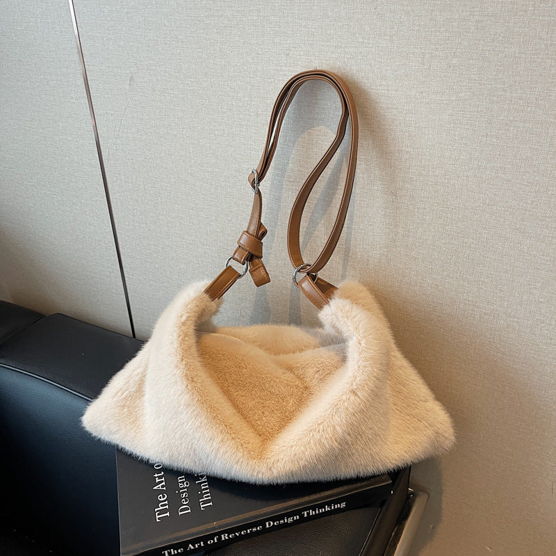 Solid Color Square Plush Shoulder Bag For Women With Sewing Thread Detail And Single Shoulder Strap, Perfect For Summer