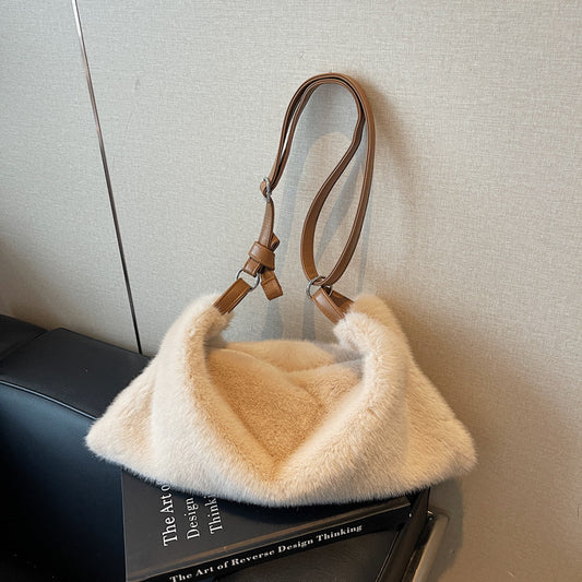 Solid Color Square Plush Shoulder Bag For Women With Sewing Thread Detail And Single Shoulder Strap, Perfect For Summer