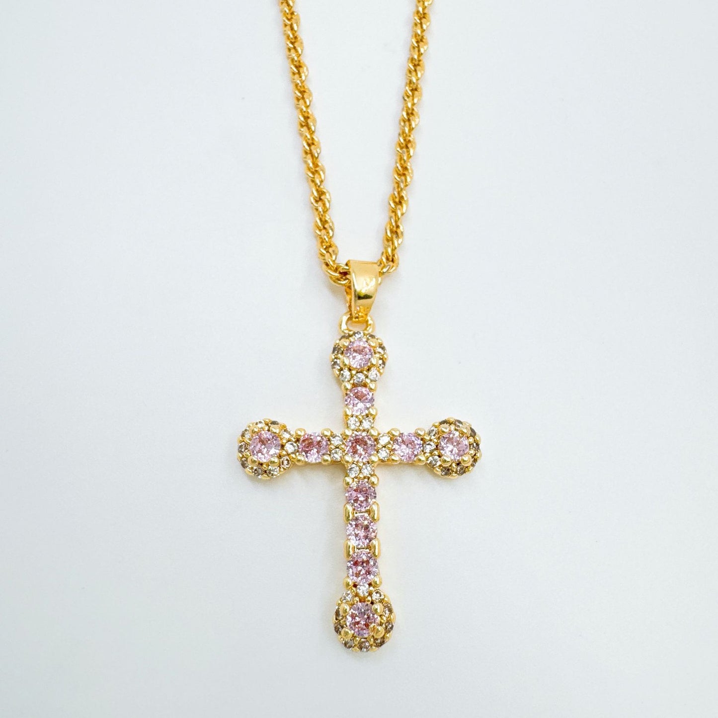 Cross Necklace In Copper With 18K Real Gold Plating Featuring Zircon Inlay