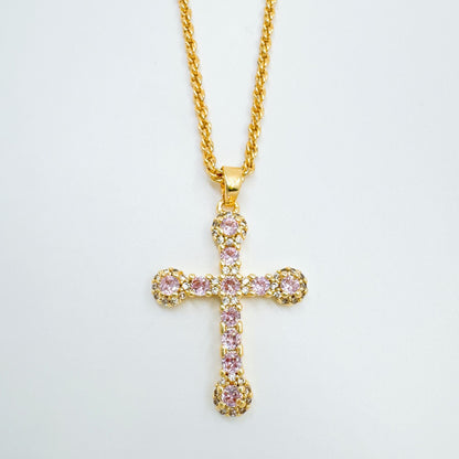 Cross Necklace In Copper With 18K Real Gold Plating Featuring Zircon Inlay