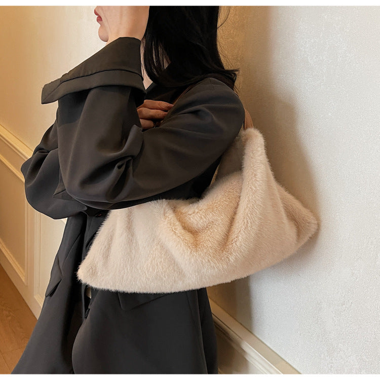 Solid Color Square Plush Shoulder Bag For Women With Sewing Thread Detail And Single Shoulder Strap, Perfect For Summer