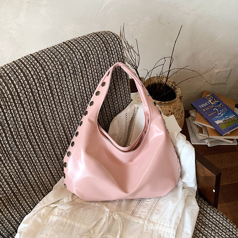 Solid Color Square PU Leather Shoulder Bag For Women With Rivet Detail, Perfect For Summer