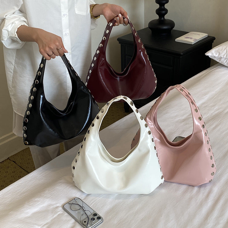 Solid Color Square PU Leather Shoulder Bag For Women With Rivet Detail, Perfect For Summer