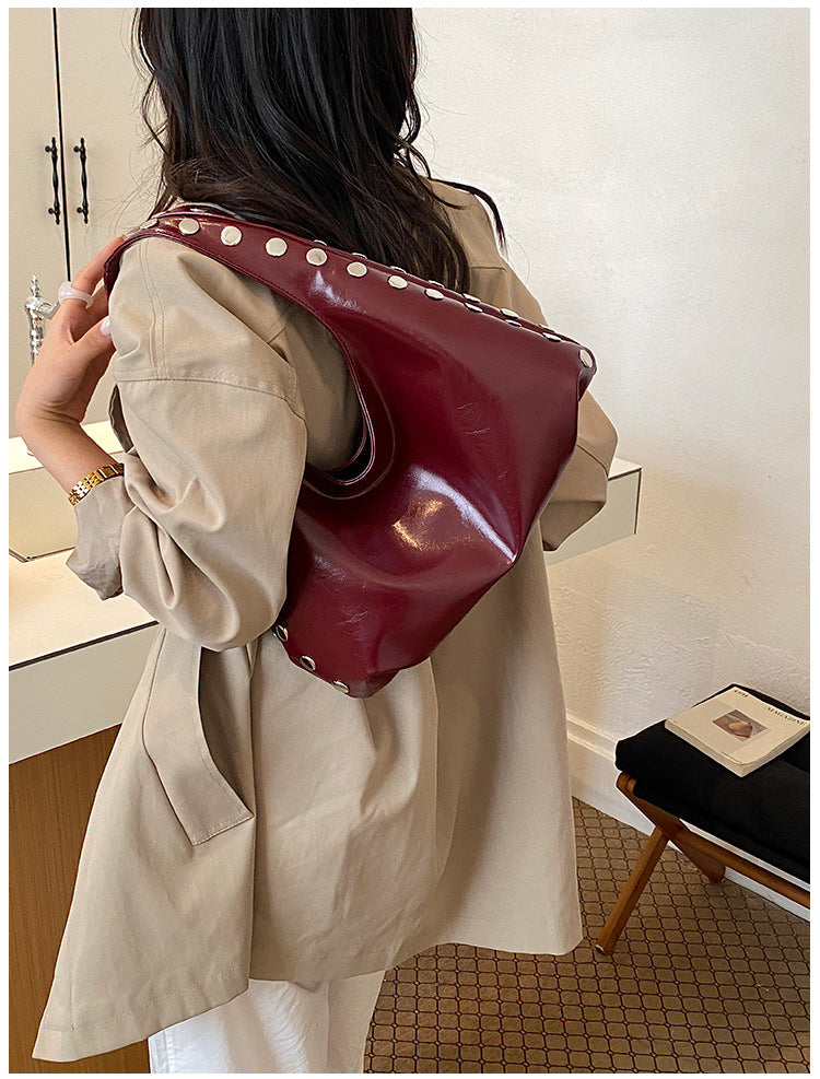 Solid Color Square PU Leather Shoulder Bag For Women With Rivet Detail, Perfect For Summer
