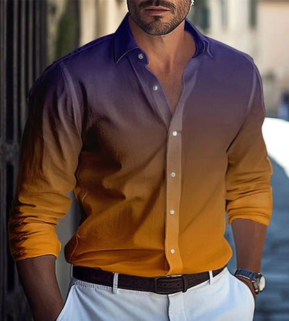 Men's Long Sleeve Polyester Shirt With 3D Print Featuring Lapel Collar And Placket Front