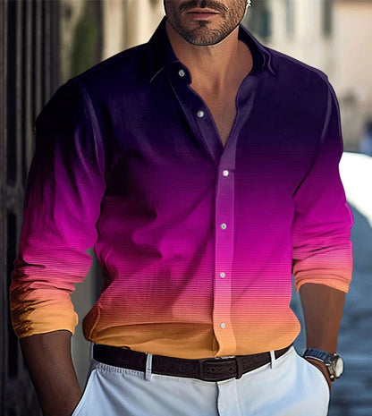 Men's Long Sleeve Polyester Shirt With 3D Print Featuring Lapel Collar And Placket Front