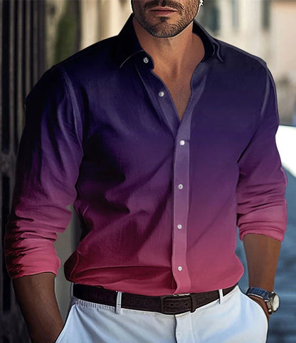 Men's Long Sleeve Polyester Shirt With 3D Print Featuring Lapel Collar And Placket Front