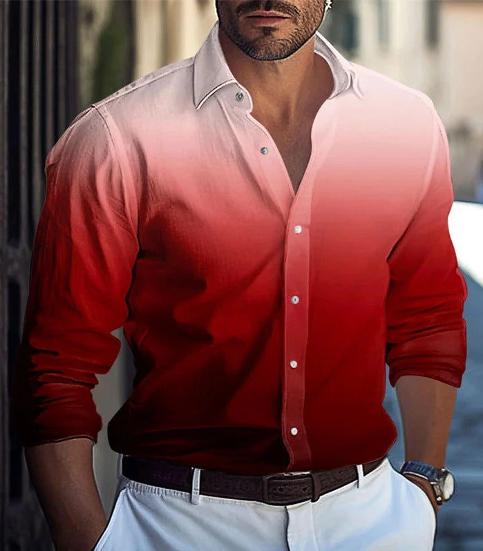 Men's Long Sleeve Polyester Shirt With 3D Print Featuring Lapel Collar And Placket Front