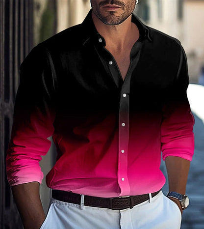 Men's Long Sleeve Polyester Shirt With 3D Print Featuring Lapel Collar And Placket Front