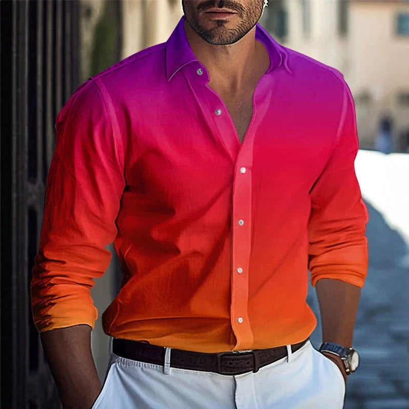 Men's Long Sleeve Polyester Shirt With 3D Print Featuring Lapel Collar And Placket Front
