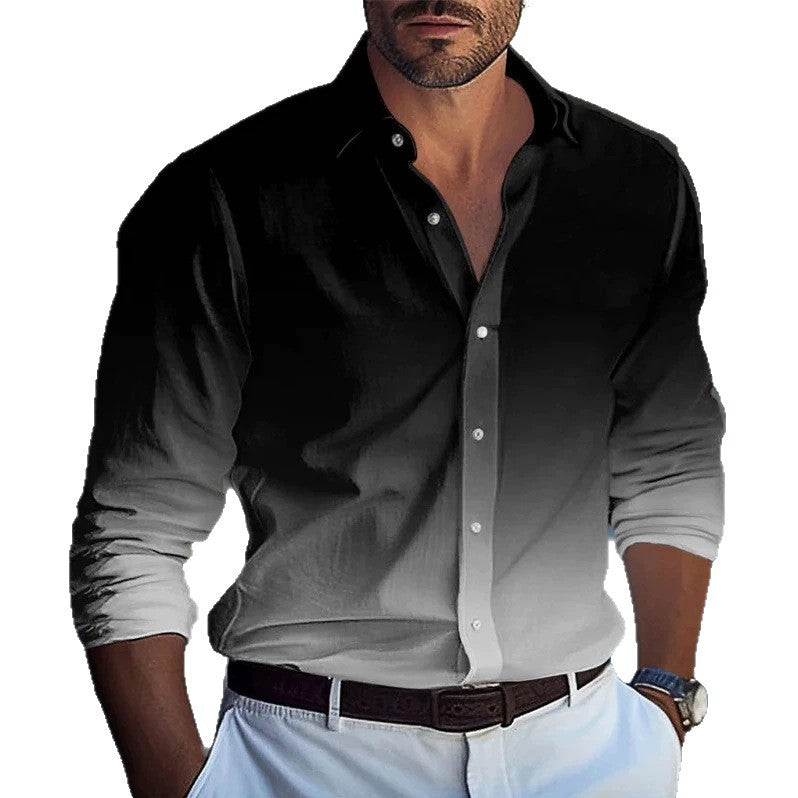 Men's Long Sleeve Polyester Shirt With 3D Print Featuring Lapel Collar And Placket Front