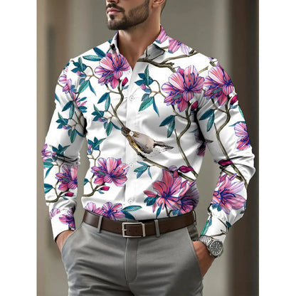 Casual Men's Long Sleeve Shirt With 3D Print Flowers Pattern In 4-Way Stretch Fabric Featuring Placket