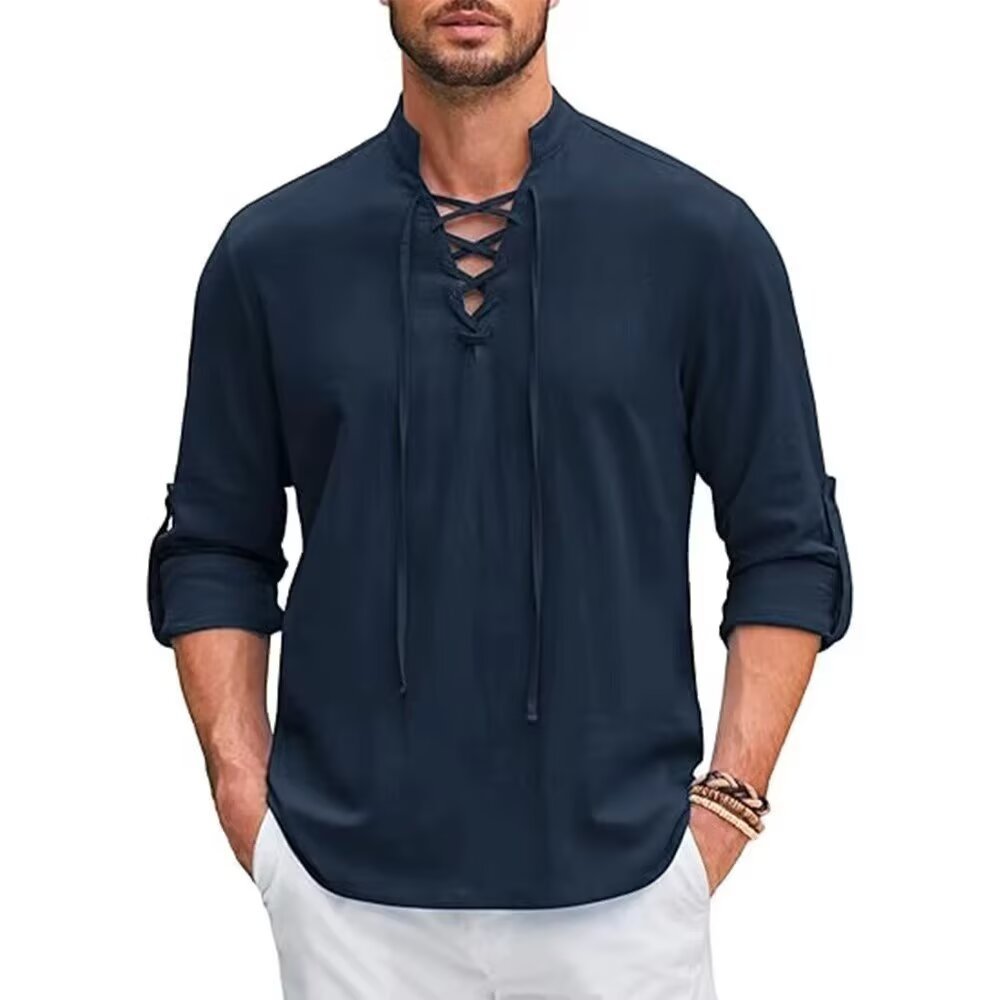 Vintage Style Men's Long Sleeve Polyester Shirt With Front Tie And Lapel Collar Pullover