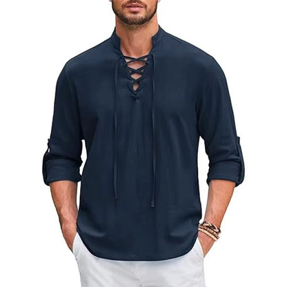 Vintage Style Men's Long Sleeve Polyester Shirt With Front Tie And Lapel Collar Pullover