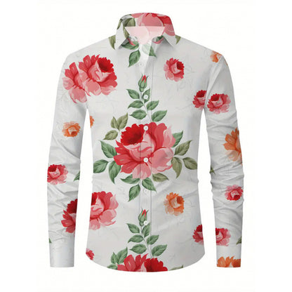 Casual Men's Long Sleeve Shirt With 3D Print Flowers Pattern In 4-Way Stretch Fabric Featuring Placket