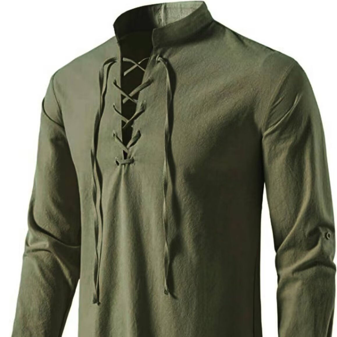 Vintage Style Men's Long Sleeve Polyester Shirt With Front Tie And Lapel Collar Pullover