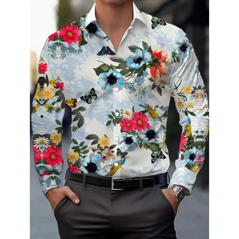 Casual Men's Long Sleeve Shirt With 3D Print Flowers Pattern In 4-Way Stretch Fabric Featuring Placket