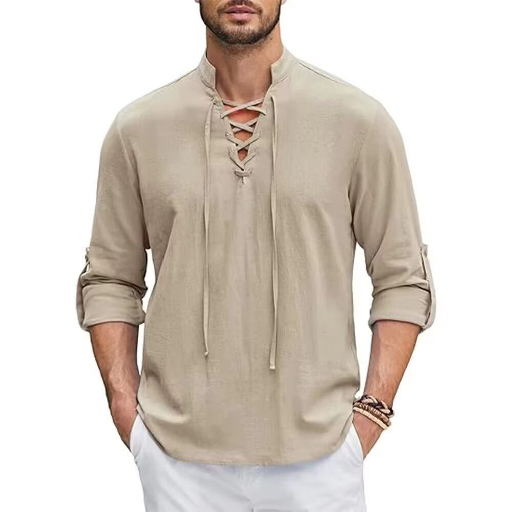 Vintage Style Men's Long Sleeve Polyester Shirt With Front Tie And Lapel Collar Pullover