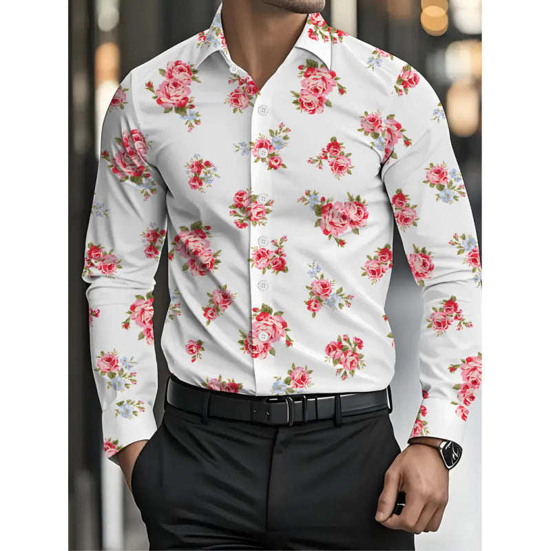 Casual Men's Long Sleeve Shirt With 3D Print Flowers Pattern In 4-Way Stretch Fabric Featuring Placket